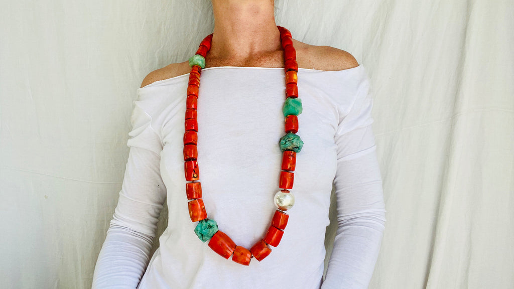 Coral, Amazonite and Silver Beaded Necklace. - Aadya Bazaar