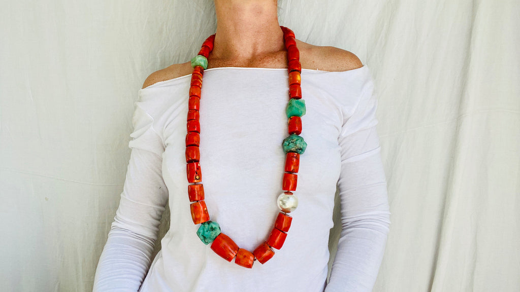 Coral, Amazonite and Silver Beaded Necklace.