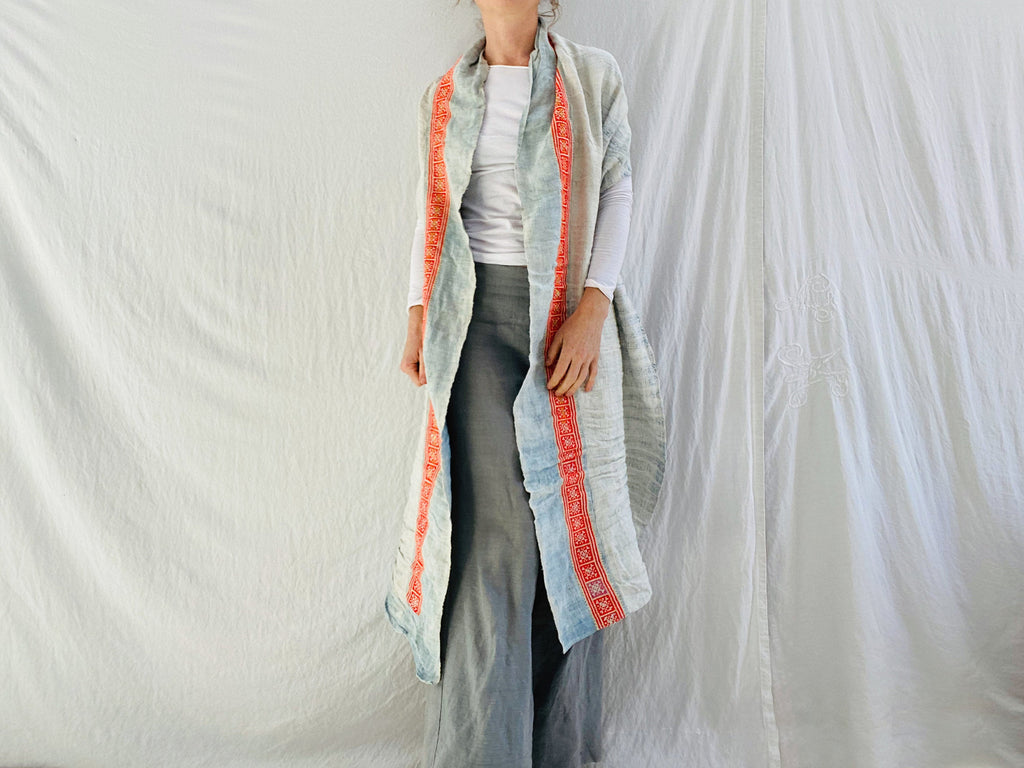 Vintage Hmong Indigo Hemp Linen Scarf, Wrap. Batik - Aadya Bazaar