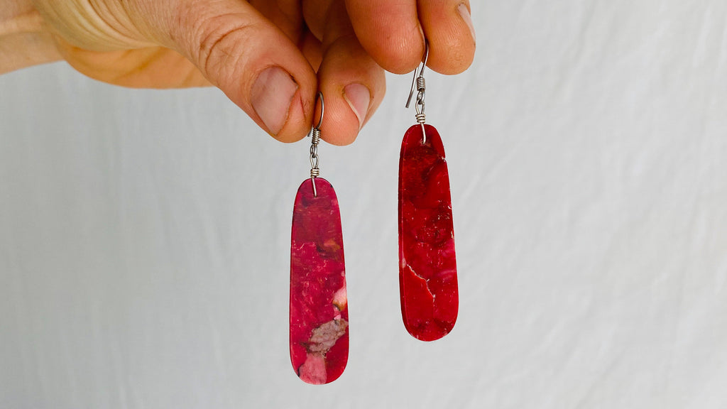 Santo Domingo Pueblo Long Coral Slab Earrings. Native American
