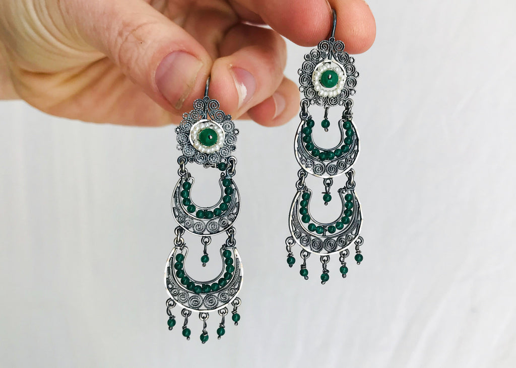 Vintage Oaxacan Filigree Earrings. Jade, Pearl & Sterling Silver. Mexico. Frida Kahlo