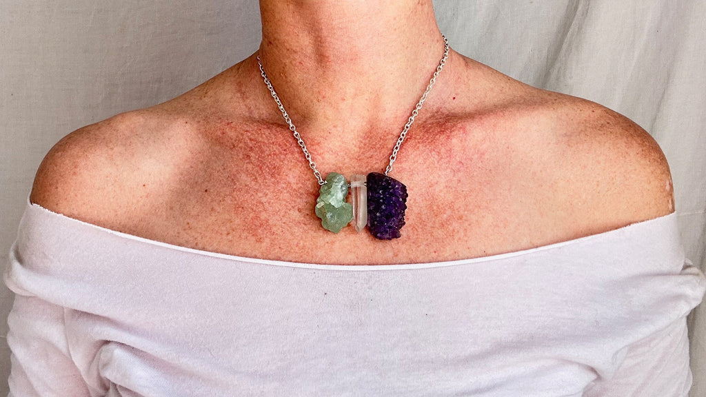 Amethyst Druzy, Prehnite & Quartz Crystal Necklace. Sterling Silver. Medicine Necklace. 1281.