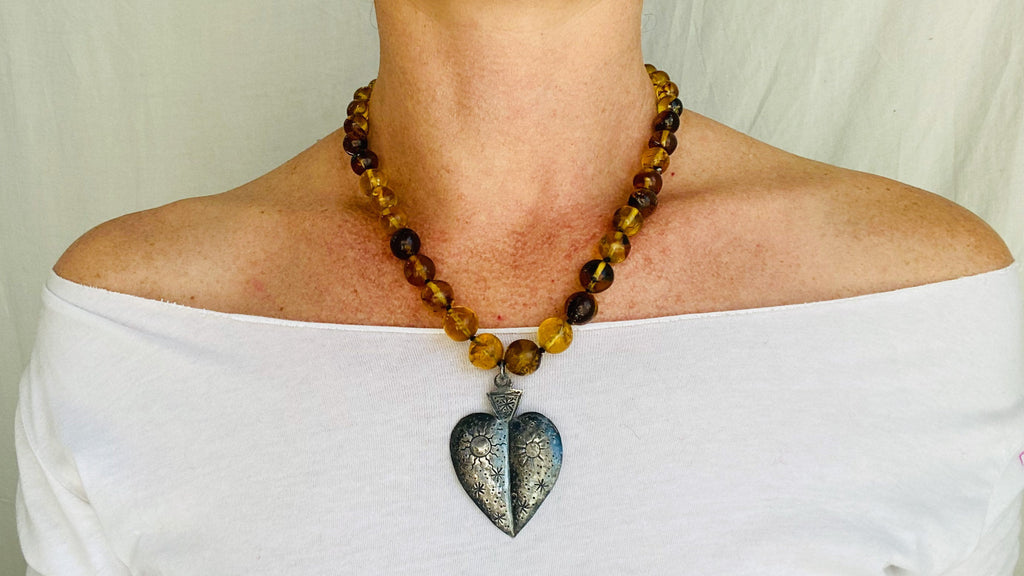 Amber Necklace, Barro Negro Heart Pendant. Mexican Amber. - Aadya Bazaar