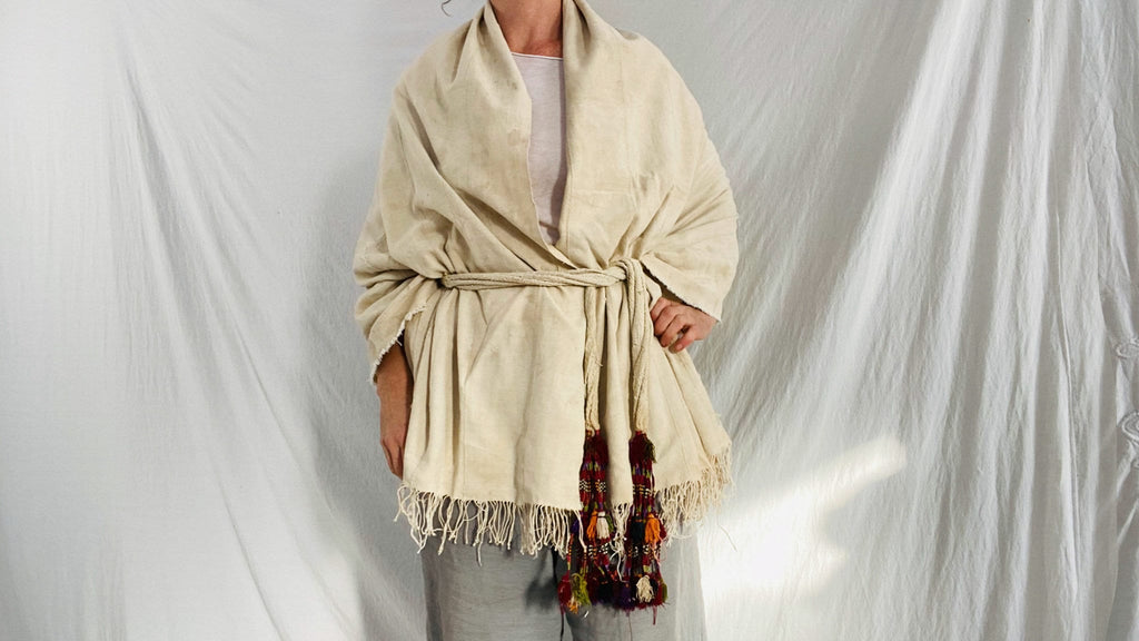 Vintage African Fringe Shawl & Wrap with Silk Tassel Belt. Mossi