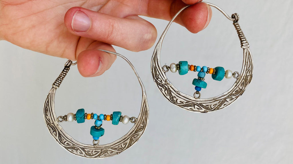 Vintage Uzbek Hoop Earrings. Bukhari Silver and Pearl Earrings.