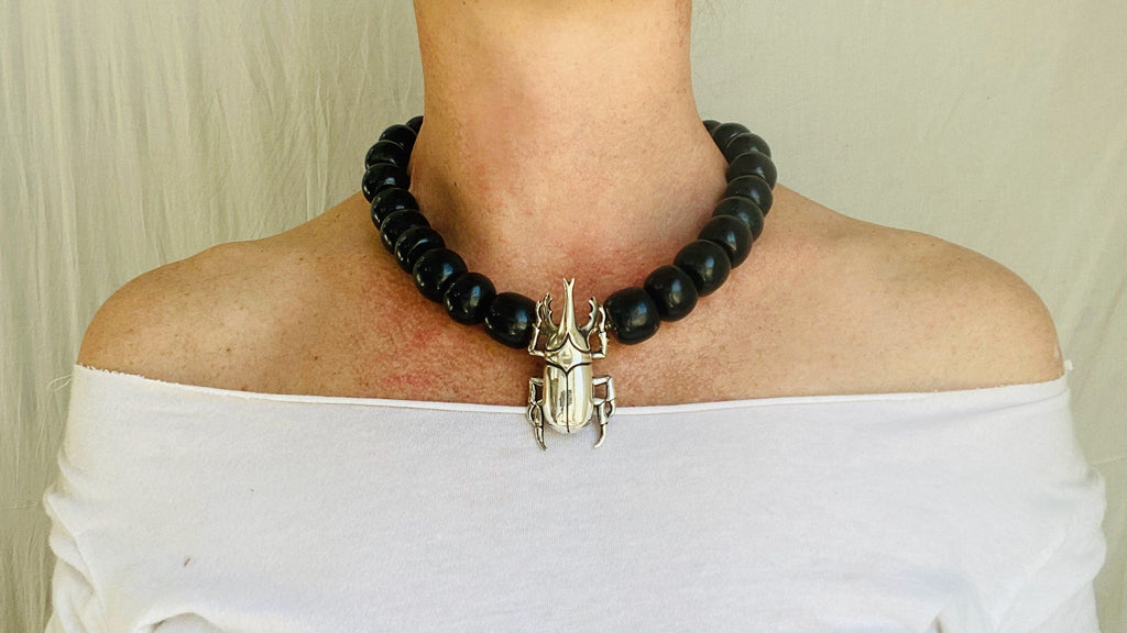Beetle Pendant & Black Jade Necklace. Mayan Black Jade and Sterling Silver.