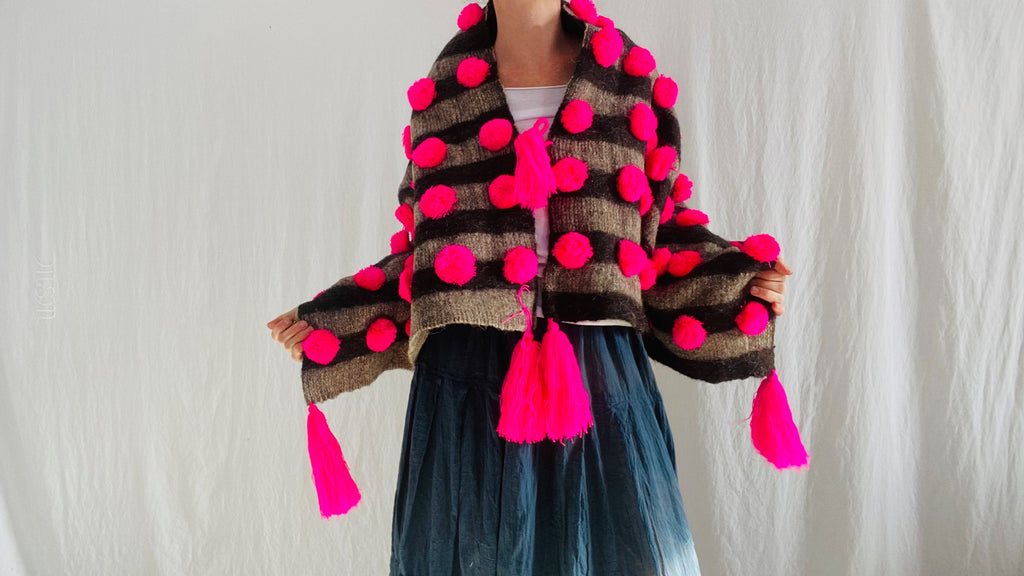 Wool Shawl. Pom Poms & Tassels. Mayan. Chamula. Mexico - Aadya Bazaar