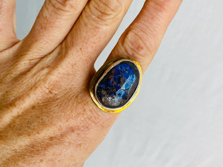 Fire Opal Ring. Size 7.75. Brass and Sterling Silver 0332