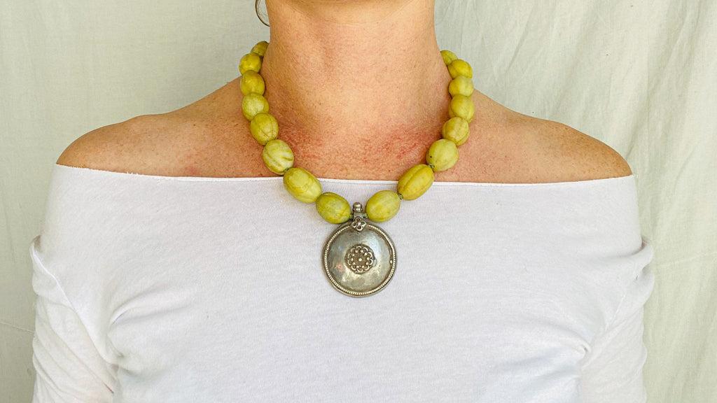 Antique Indian Silver Pendant on Yellow Calcite Necklace - Aadya Bazaar