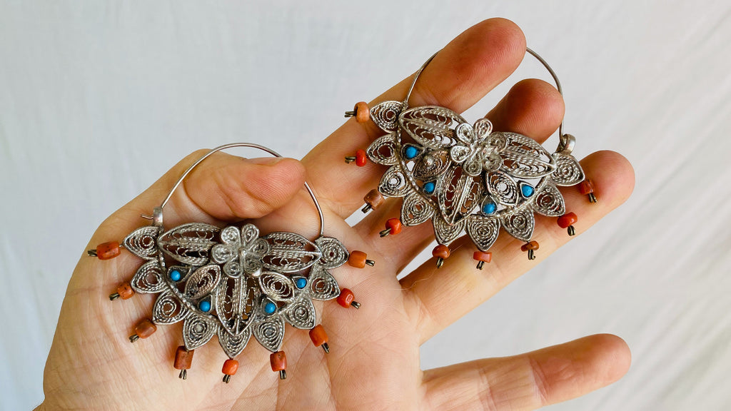 Vintage Uzbek Filigree Earrings. Sterling Silver & Coral. Bukhari