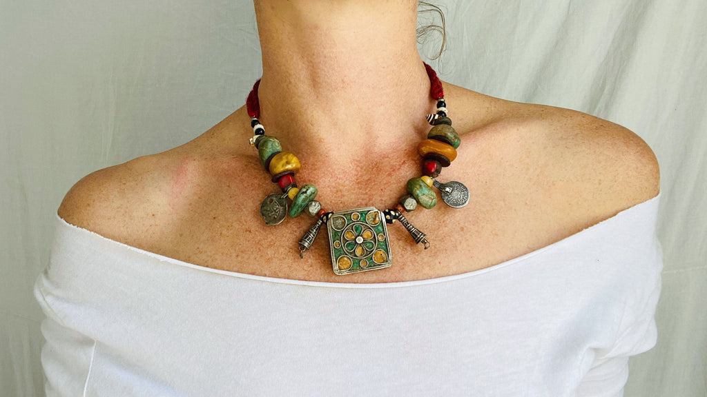 Antique Berber Silver Amulet, Amber, Coral, Amazonite Necklace. Tazelagt. Hertz