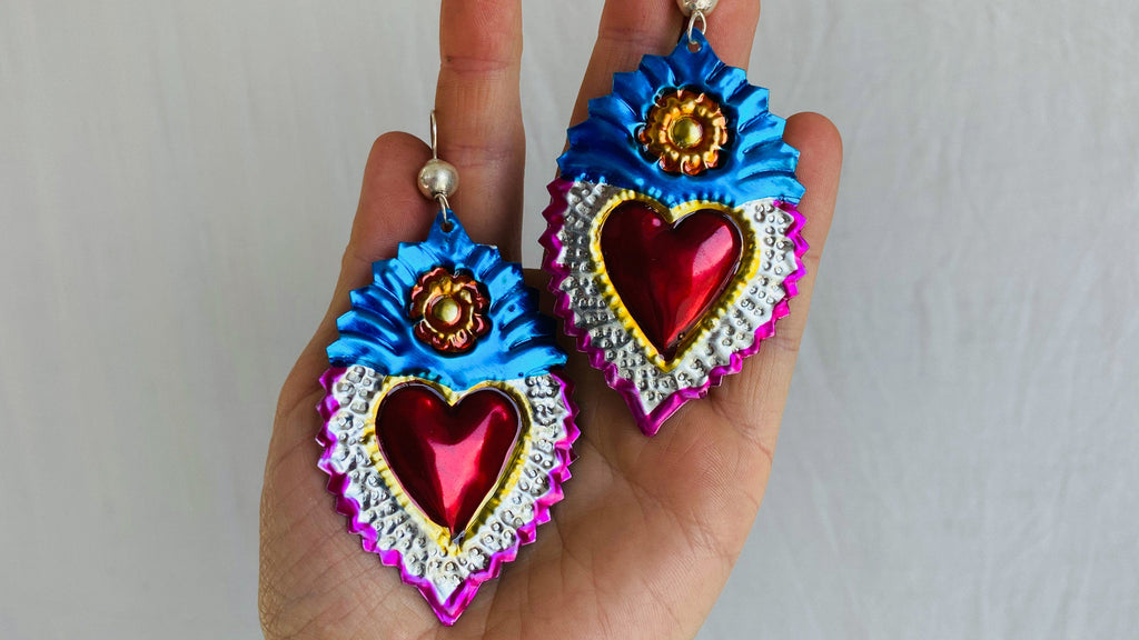 Hojalata Tin Mexican Heart Earrings. Silver Earwire
