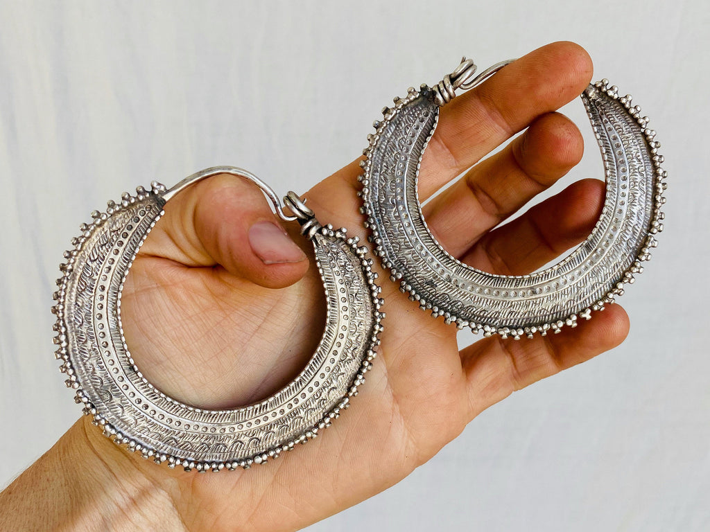 Huge Afghan Silver Hoop Earrings. Saw Blade Earrings