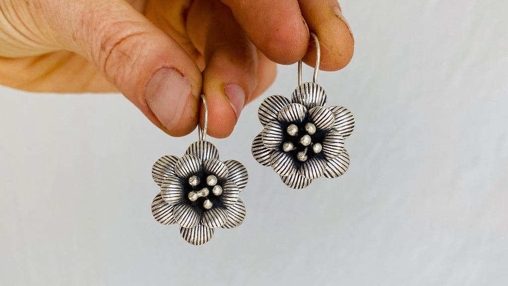 Karen Hill Tribe Flower Earrings. Fine Silver