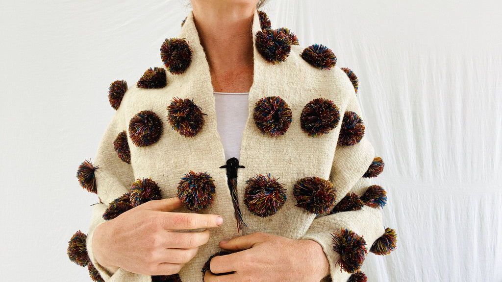 Earth Tones Wool Shawl. Pom Poms & Tassels. Mayan. Chamula. Mexico
