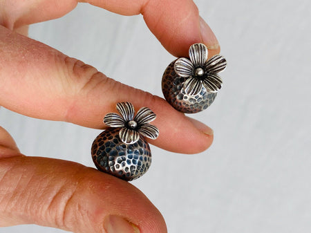 Silver Flower Barbell Earrings. Thailand. 0014