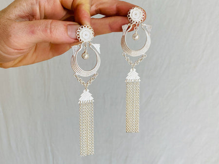 Long Silver Hmong Dangle Earrings. 0128