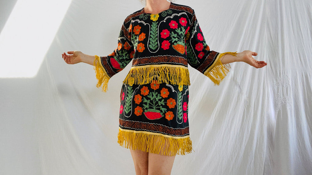 Vintage Uzbek Suzani Silk Embroidered Dress - Aadya Bazaar