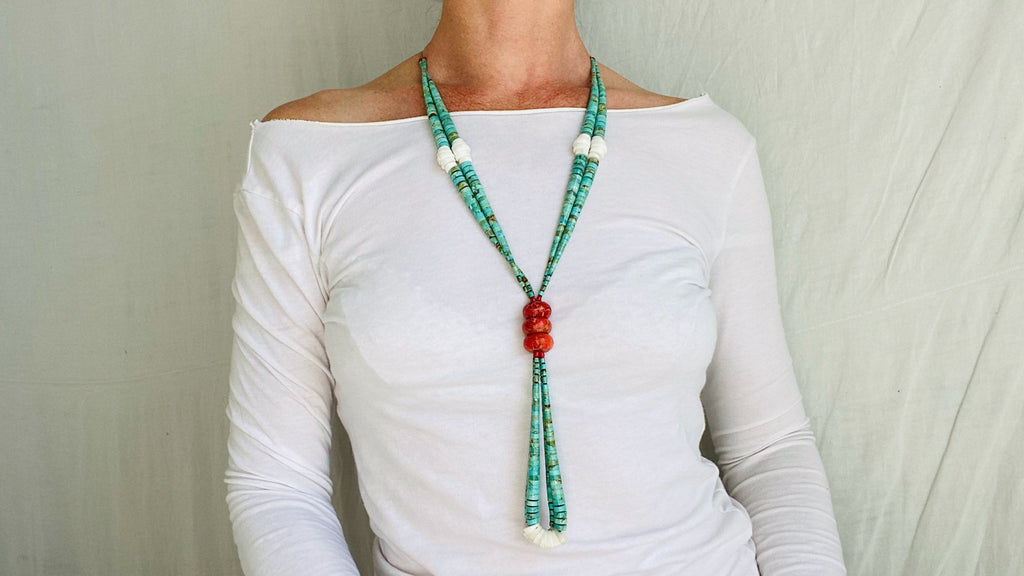Santo Domingo Turquoise and Coral Necklace . Native American