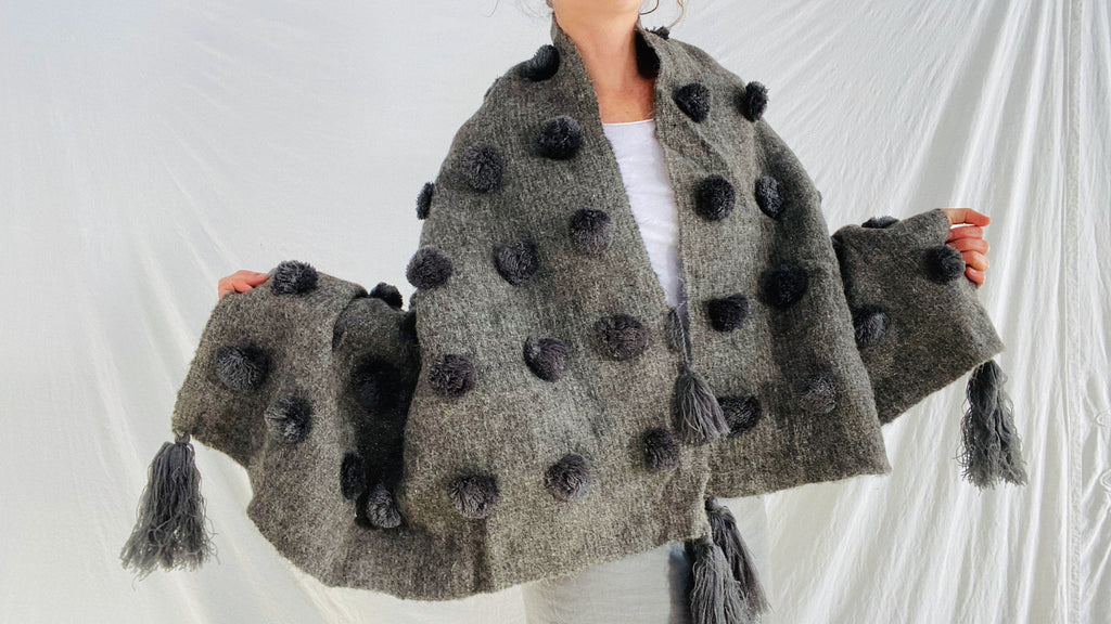 Wool Shawl. Pom Poms & Tassels. Mayan. Chamula. Mexico