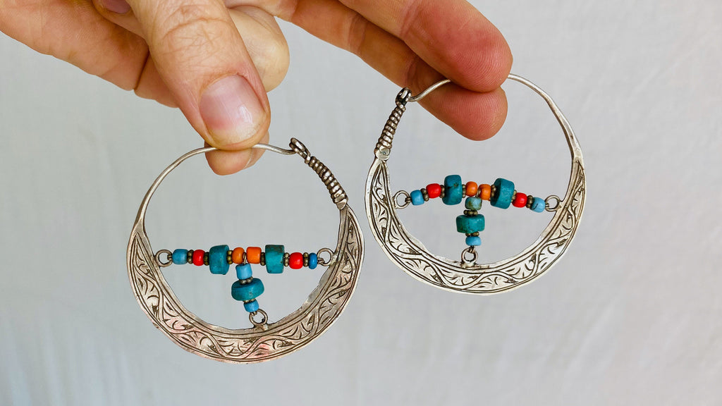 Vintage Uzbek Hoop Earrings. Bukhari Silver and Pearl Earrings.