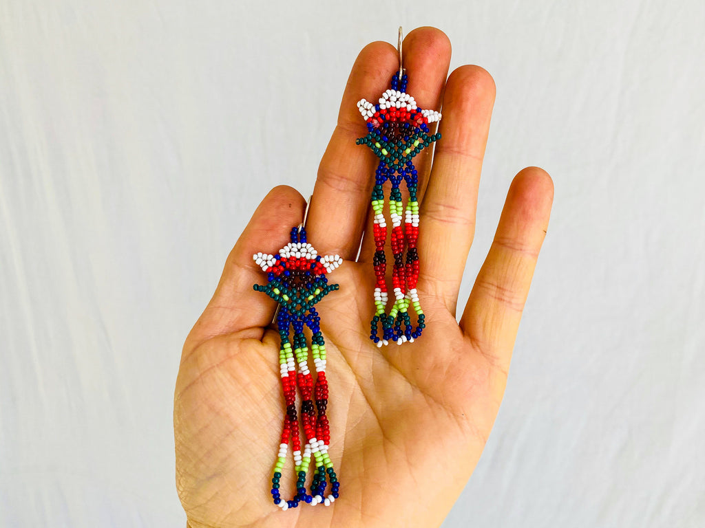 Huichol Beaded Flower Earrings. Mexico.