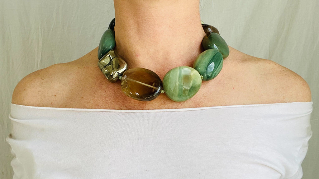 Green Jasper, Smoky Quartz and Pyrite Necklace. Choker. - Aadya Bazaar