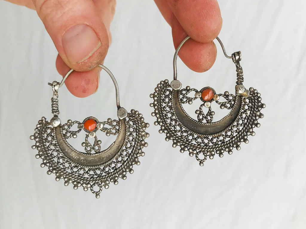 Antique Waziri Silver & Coral Earrings. Sterling Silver.