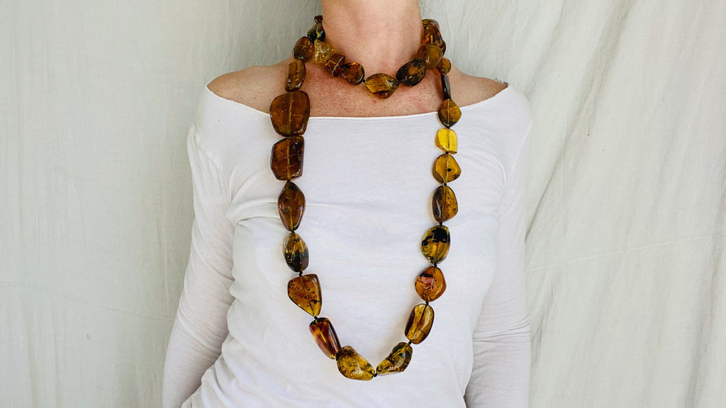 Long Amber & Silver Necklace.