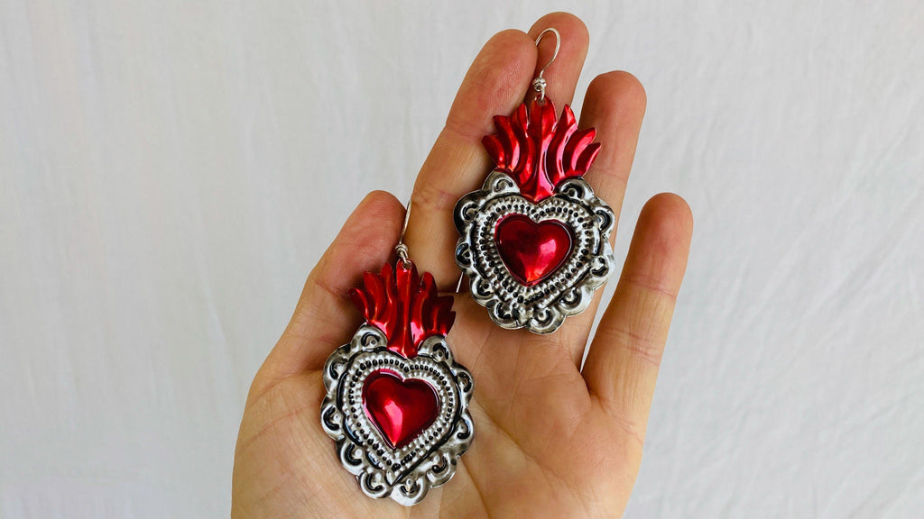 Hojalata Tin Mexican Heart Earrings. Silver Earwire
