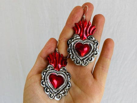 Hojalata Tin Mexican Heart Earrings. Silver Earwire - Aadya Bazaar