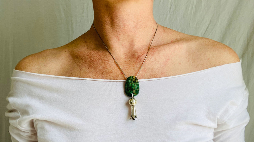 Squash Blossom, Chrysocolla & Sterling Silver Necklace. - Aadya Bazaar
