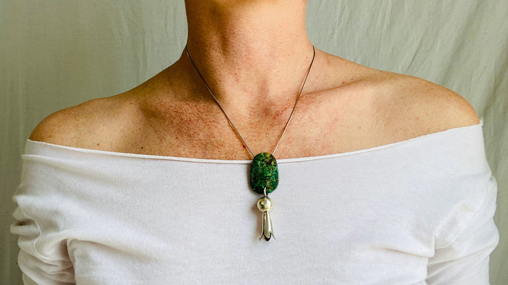 Squash Blossom, Chrysocolla & Sterling Silver Necklace.