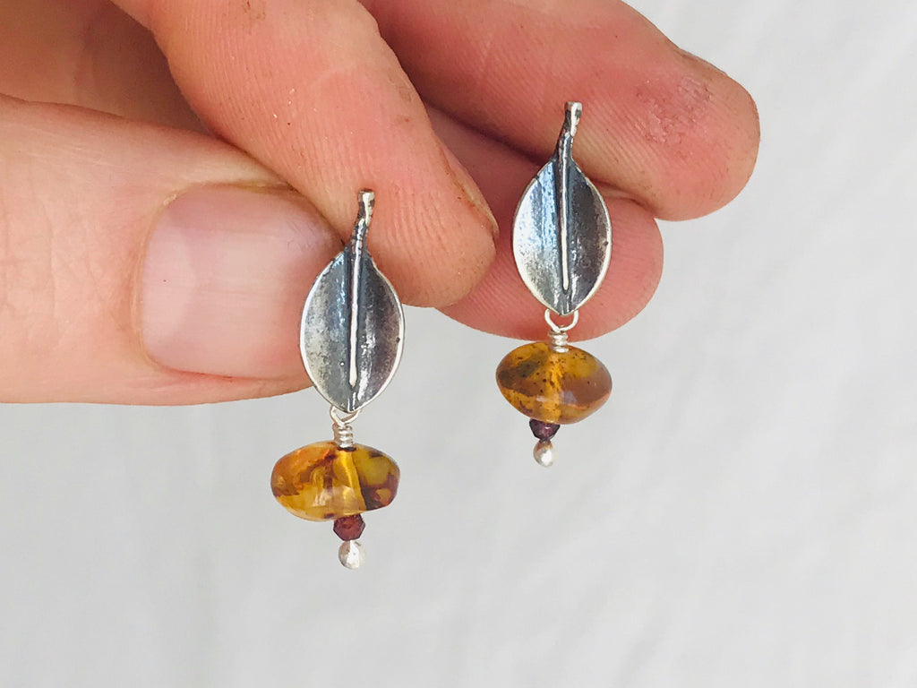 Amber & Sterling Silver Mangrove Leaf Earrings.