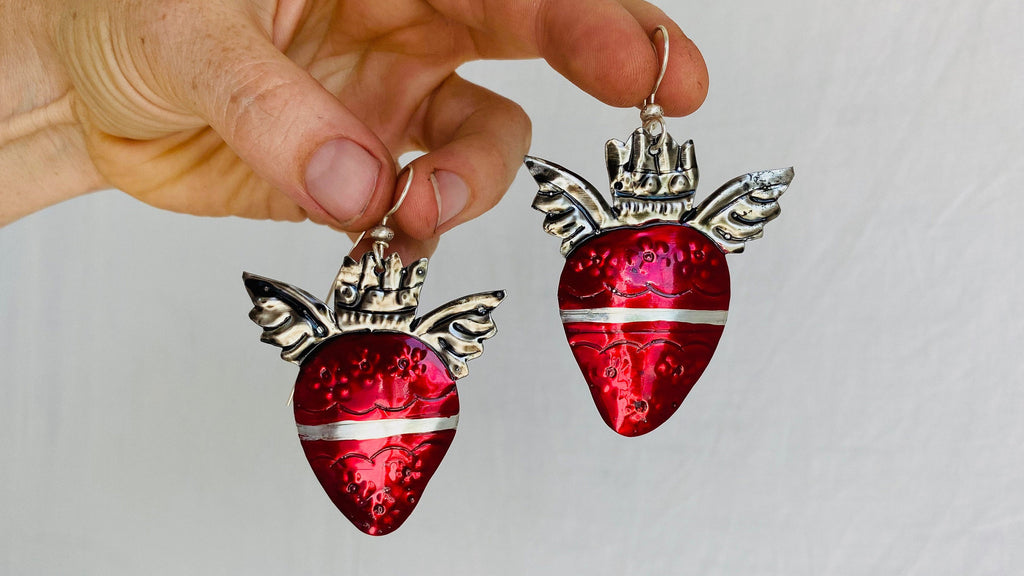 Hojalata Tin Mexican Heart Earrings. Silver Earwire