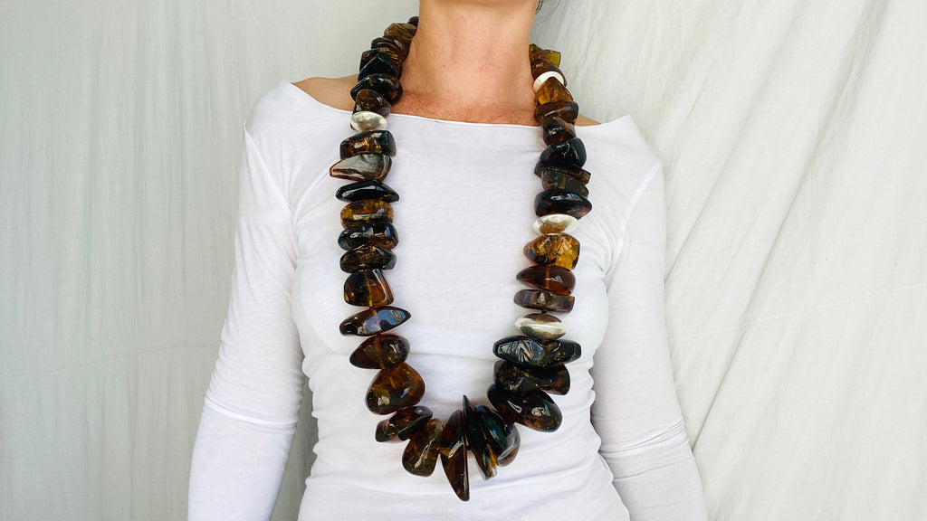 Huge Amber Beaded Necklace. Mexican Amber. Dramatic and Gorgeous! - Aadya Bazaar