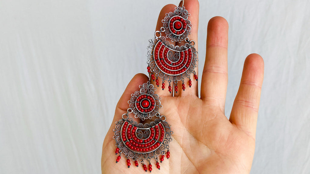 Oaxacan Filigree Earrings. Red Coral. Sterling Silver. Mexico. Frida Kahlo - Aadya Bazaar