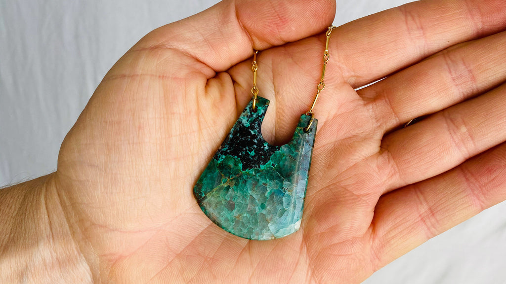 Chrysocolla Pendant & Gold Plated Chain Necklace.