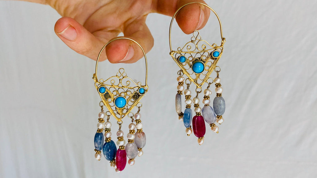 Vintage Uzbek Filigree Earrings. Vermeil. Bukhari. Pearls & Semi-Precious Stones - Aadya Bazaar