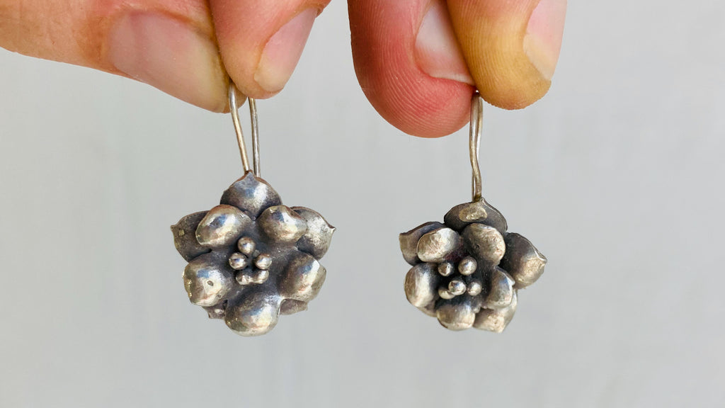 Fine Silver Flower Earrings from the Karen Hill Tribe of Thailand. 0324 - Aadya Bazaar