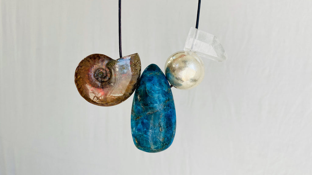Blue Apatite, Ammonite, Crystal and Silver Pendant Necklace.