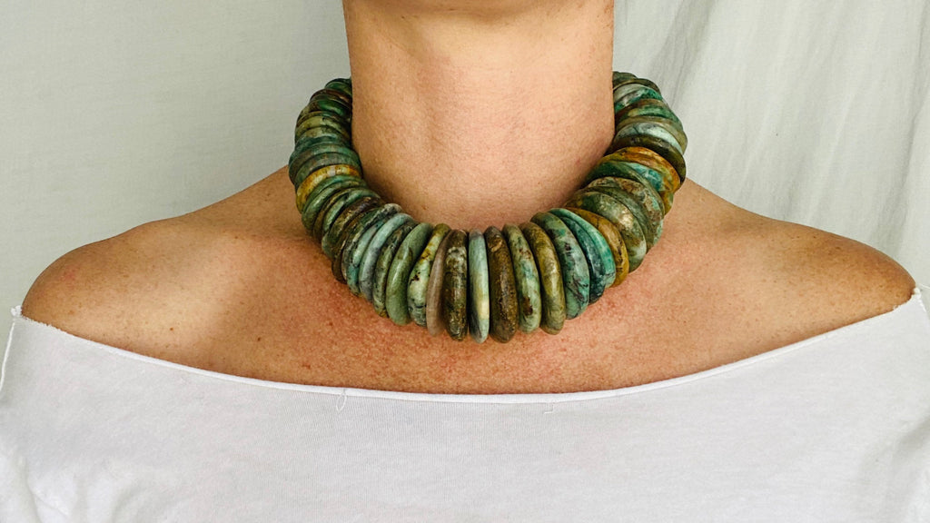 Mayan Guatemalita Jade Graduated Disks Choker Necklace. Guatemalan. - Aadya Bazaar