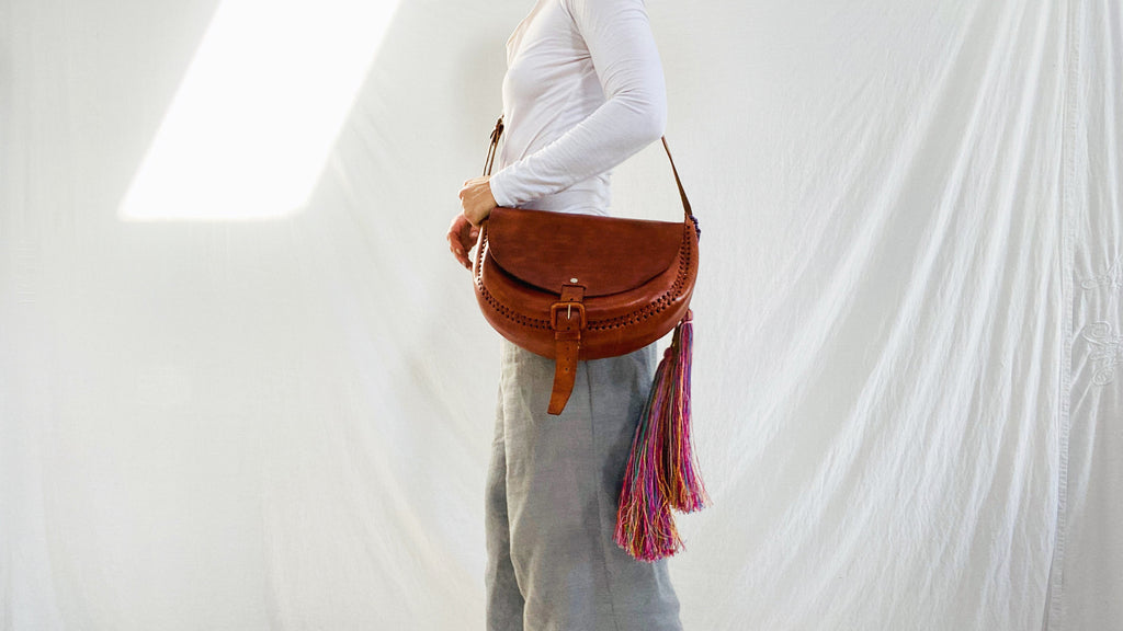 Leather Bag. Adjustable Strap. Zinacantan Tassels - Aadya Bazaar
