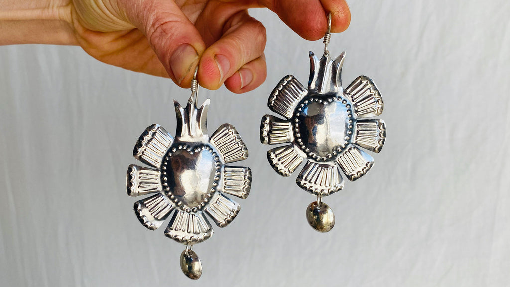 Oaxaca Milagro Silver Earrings. Sacred Heart. Mexico. Frida Kahlo