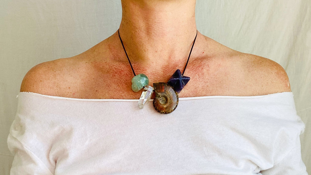 Flourite Skull, Ammonite, Quartz and Amethyst Necklace. Sterling Silver. Medicine Necklace. 0721