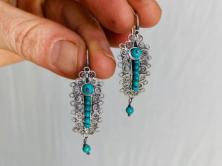 Vintage Oaxacan Filigree Earrings. Turquoise & Silver. Gusanos. Mexico. Frida Kahlo - Aadya Bazaar