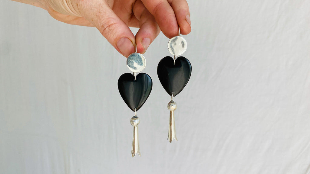 Heart & Squash Blossom Earrings. Onyx and Sterling Silver
