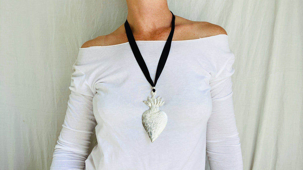 Cast Milagro Necklace. Sacred Heart. Silk Satin Ribbon.