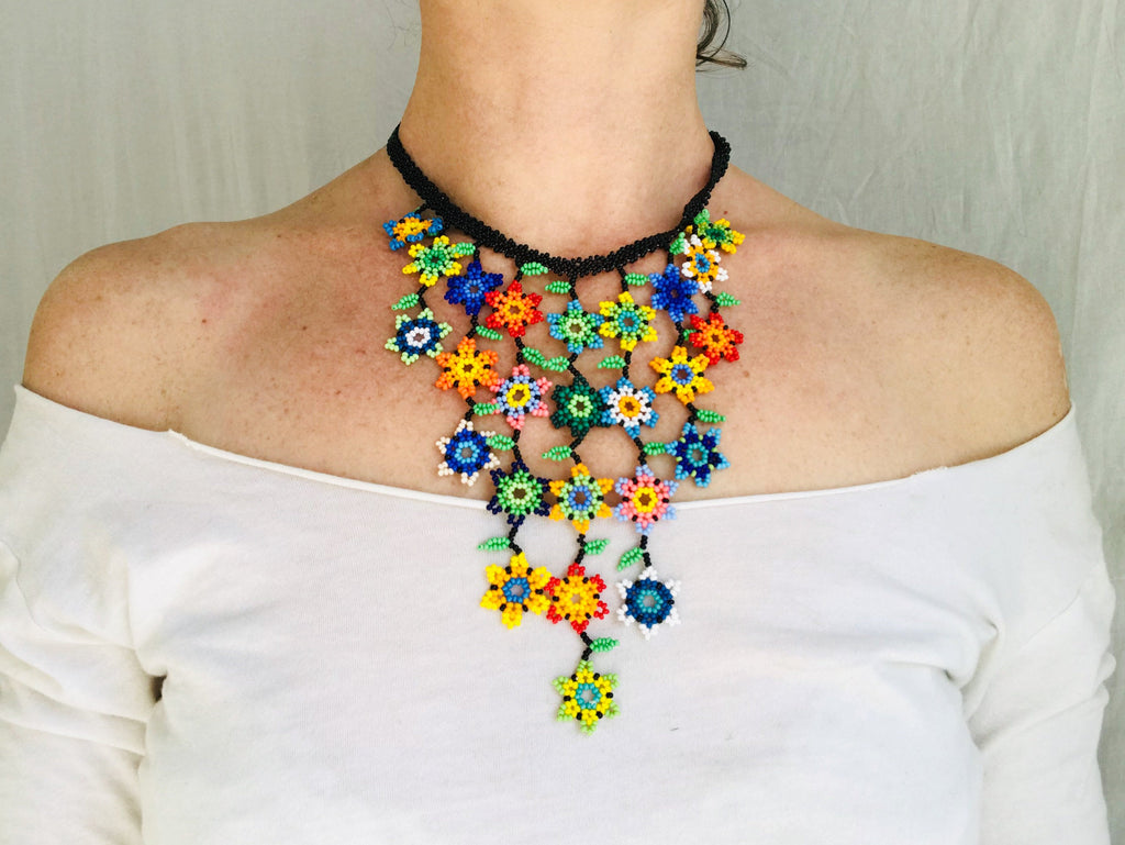 seed bead flower necklace Huichol Beaded Flower Necklace. Tiny Seed Beads