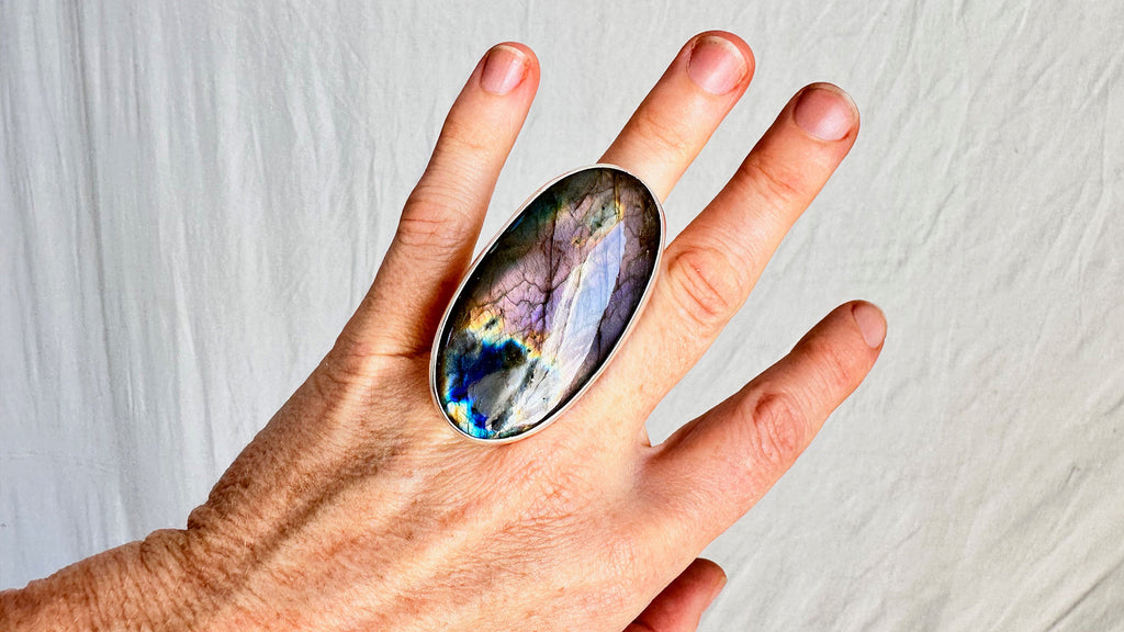 Oversized Pink Labradorite Ring. Gorgeous Colors. Adjustable. 0523